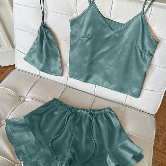 Satin Tank and Ruffle Hem Shorts in Teal - Picture 1 of 1
